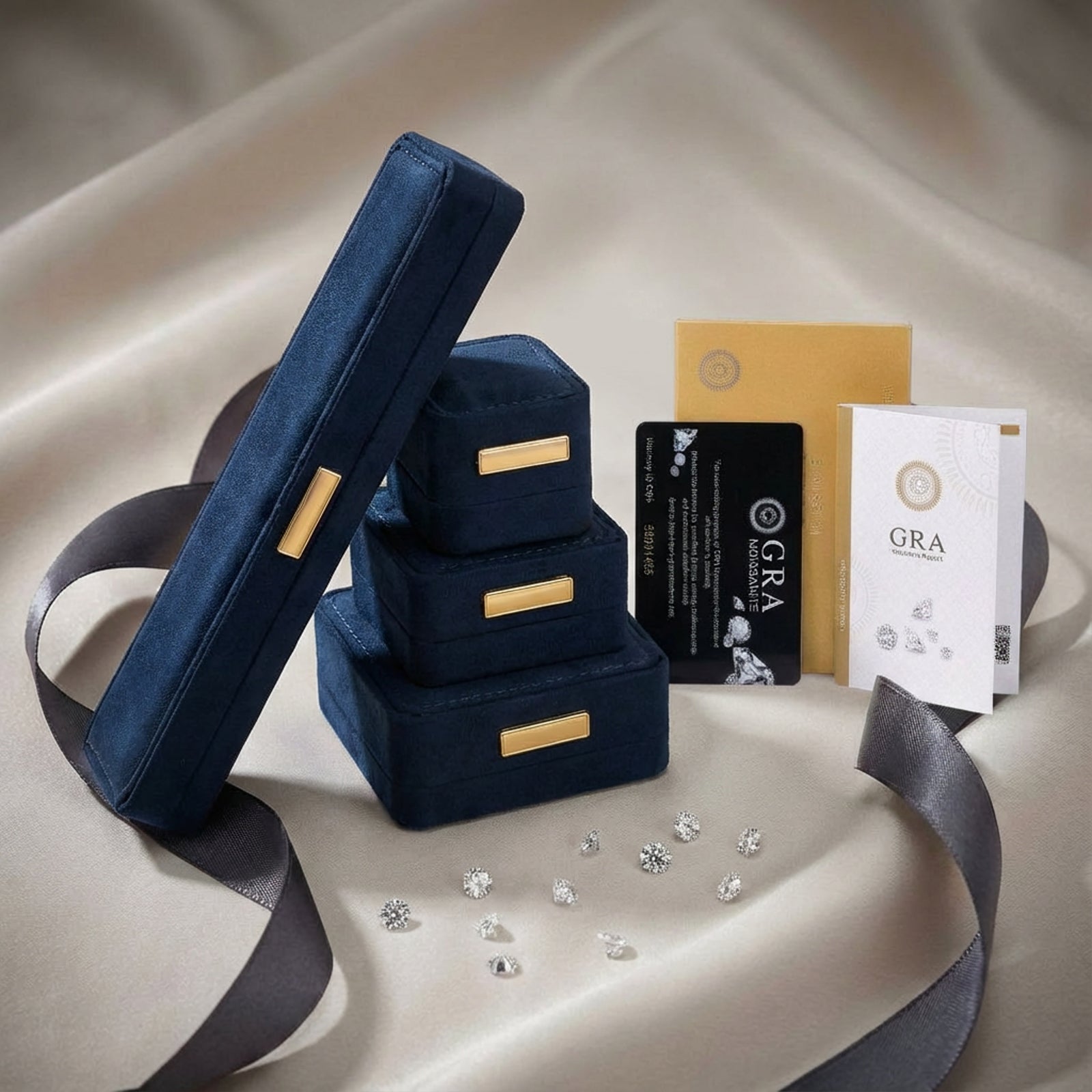 Sterling silver ring with blue moissanite center stone surrounded by clear stones in butterfly wing pattern on white background