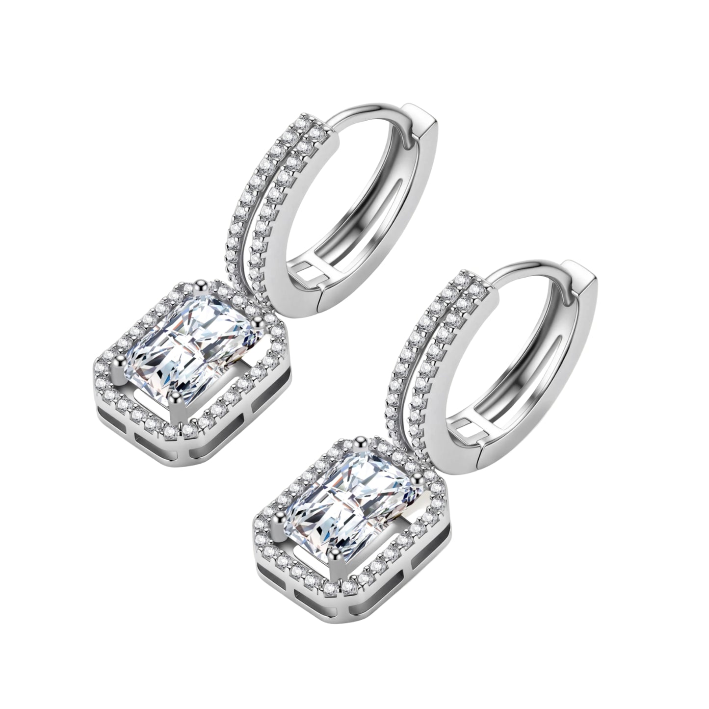 Sterling silver huggie hoops with emerald-cut moissanite drops featuring pavé-set crystals on white background.