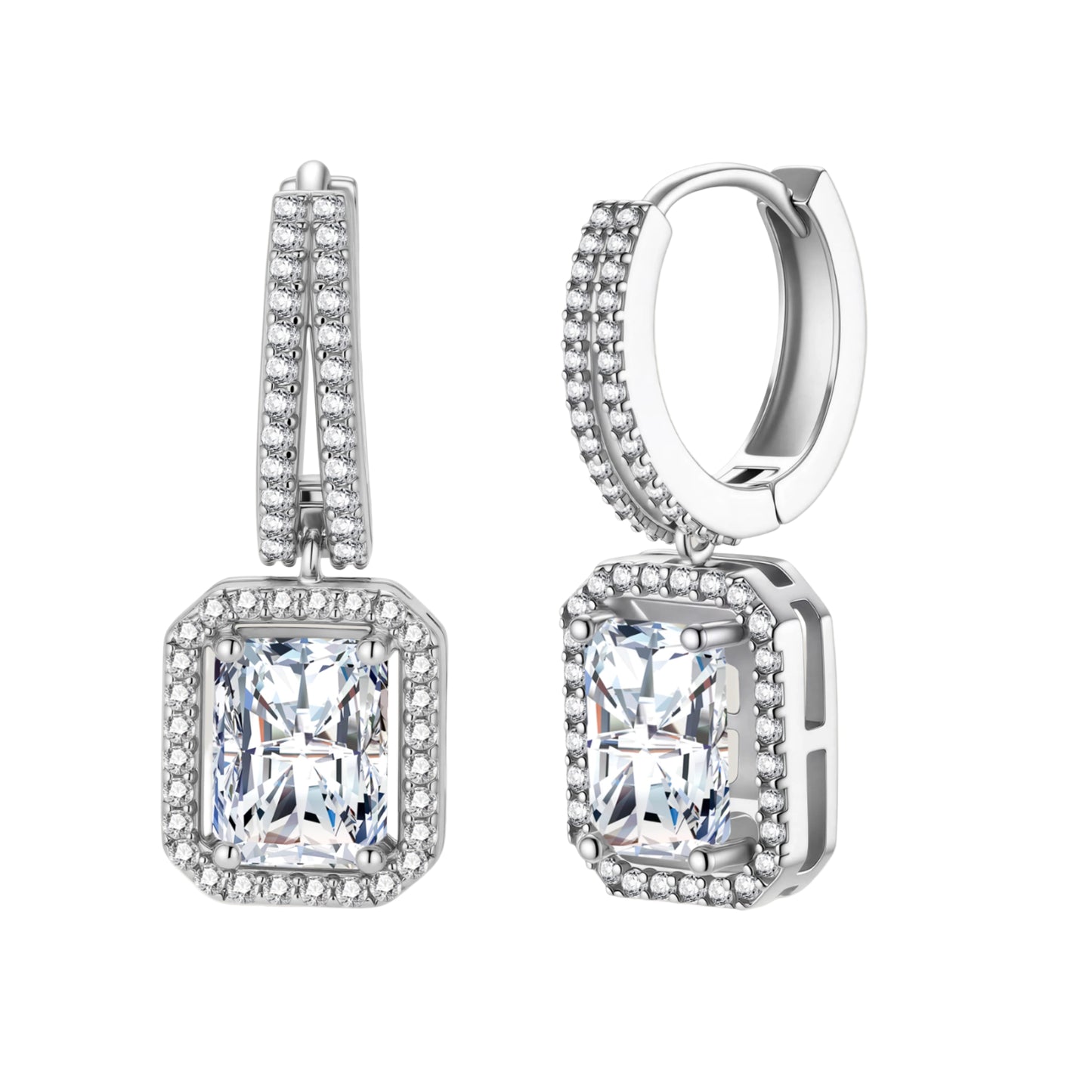 Sterling silver huggie hoops with emerald-cut moissanite drops featuring pavé-set crystals on white background.