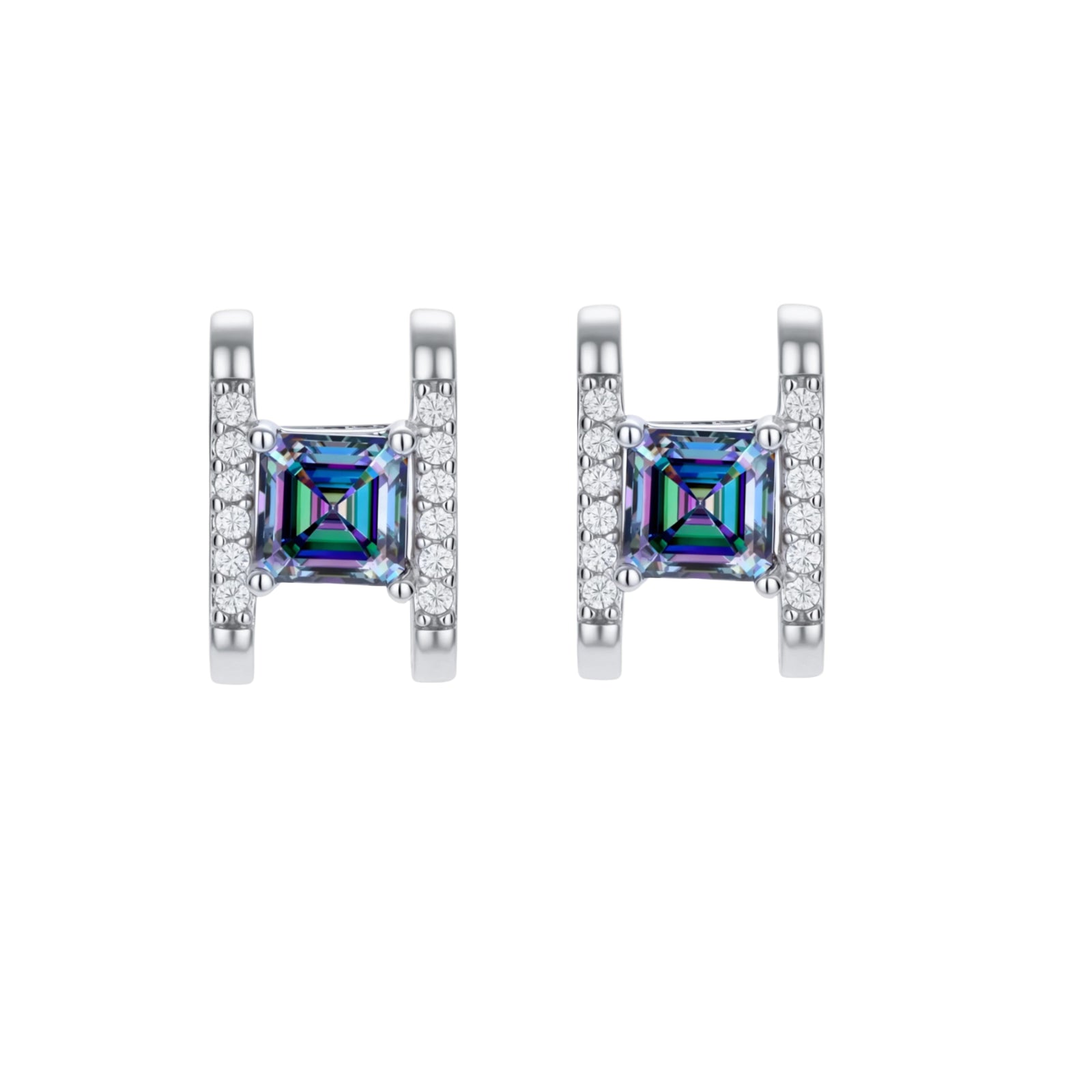 Square moissanite studs in sterling silver geometric setting showing rainbow prismatic fire on white background.