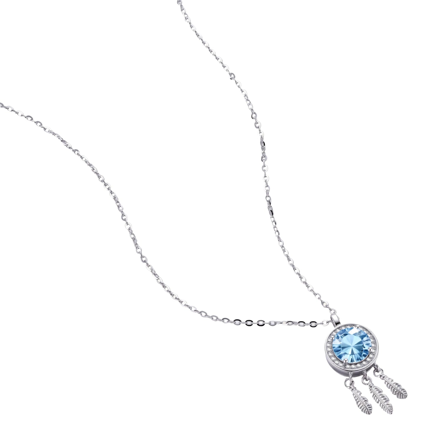 Sterling silver dreamcatcher pendant with blue moissanite center and three feather charms on adjustable chain.