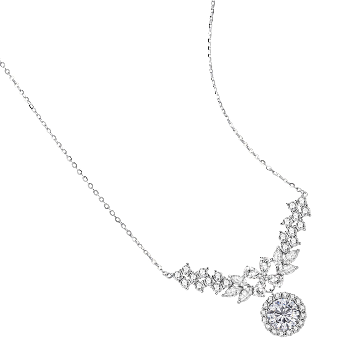 Elegant sterling silver necklace featuring intricate wing-like design with brilliant moissanite stones on neutral background.