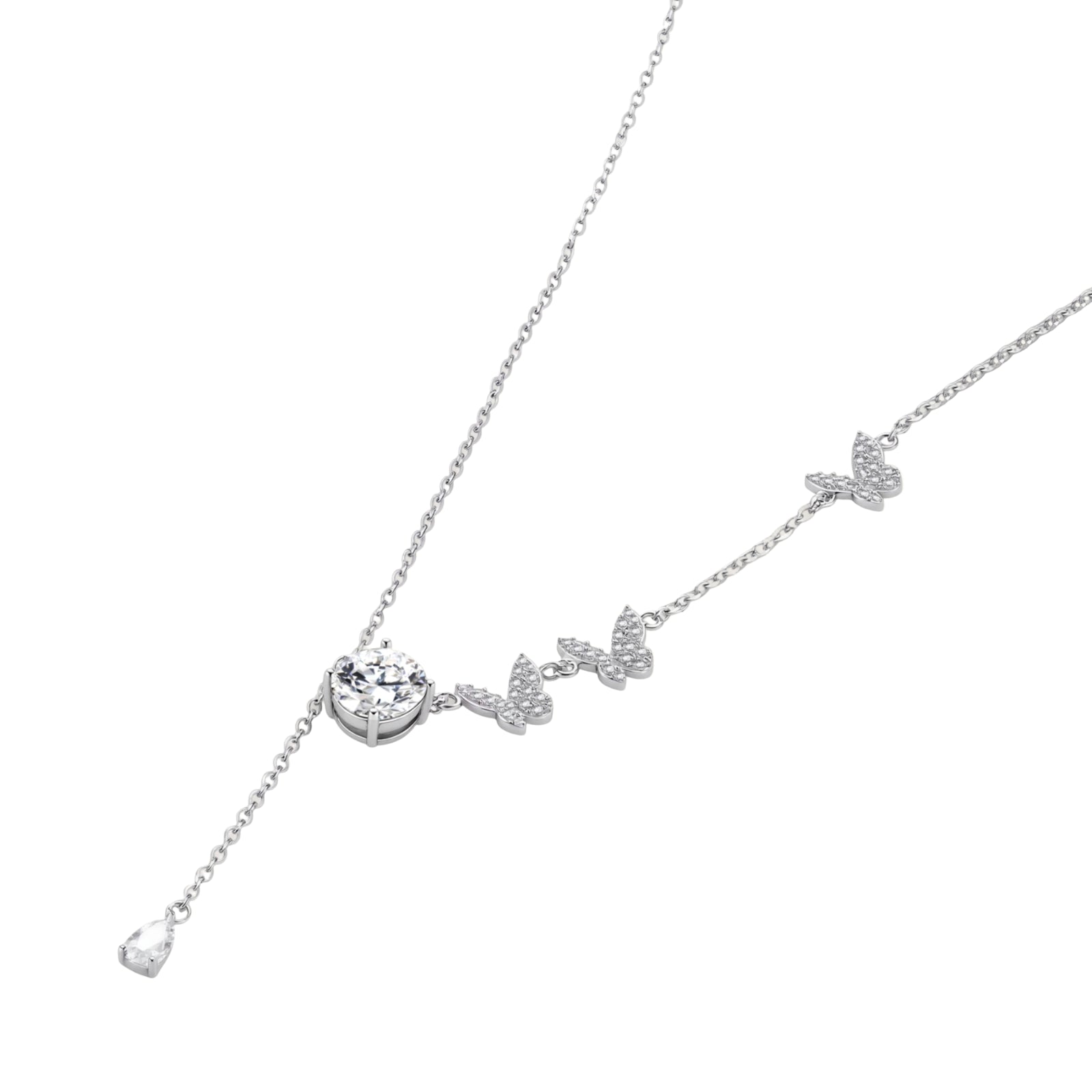 Sterling silver Y-shaped necklace with butterfly charms and brilliant moissanite stone with teardrop pendant