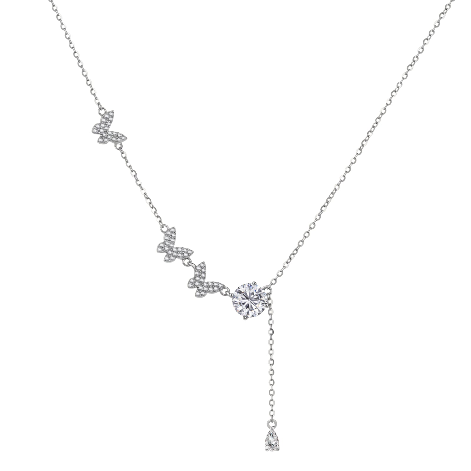 Sterling silver Y-shaped necklace with butterfly charms and brilliant moissanite stone with teardrop pendant