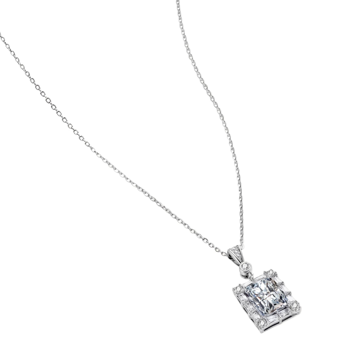 Square moissanite pendant with halo setting on delicate sterling silver chain against white background.
