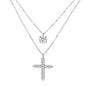 Two delicate sterling silver necklaces with moissanite stones - one solitaire pendant and one cross pendant on white background.