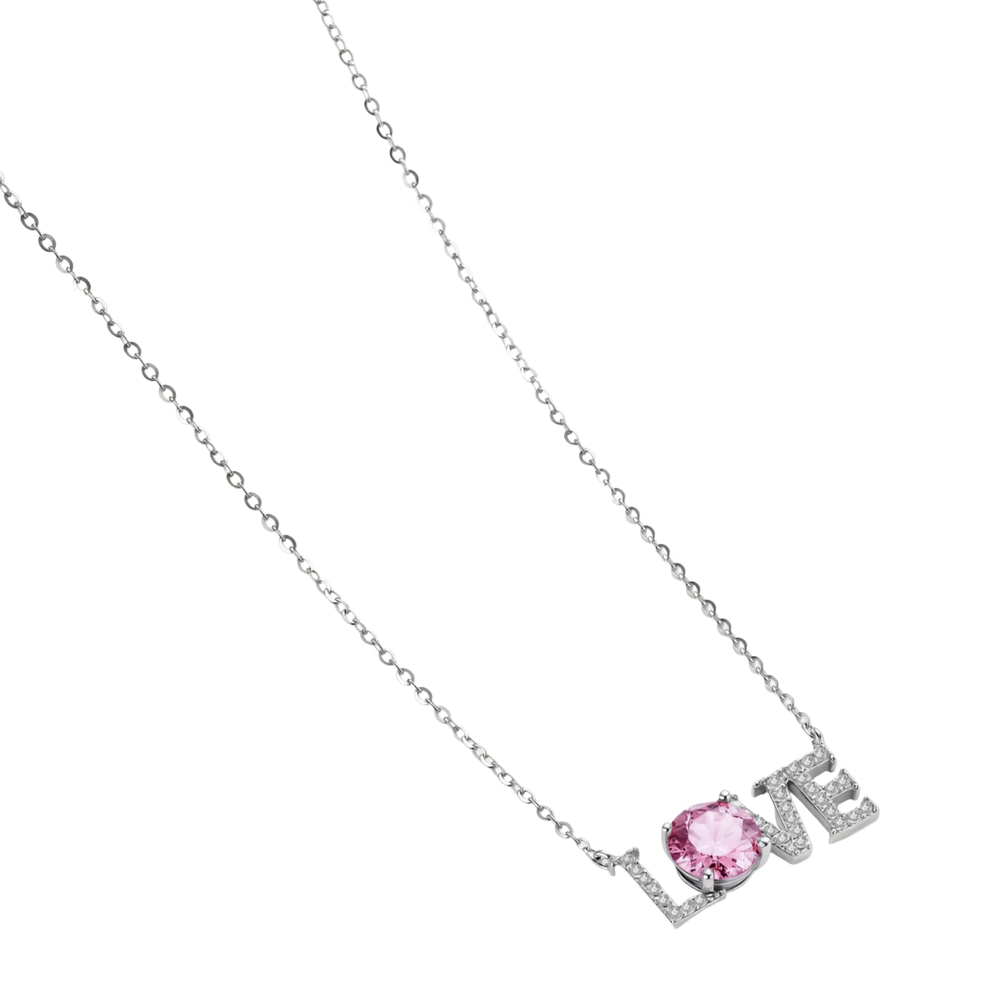 Sterling silver LOVE necklace with pink moissanite stone replacing the O, featuring crystal-set letters on delicate chain.