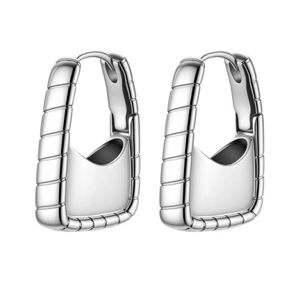 Close-up of platinum-plated sterling silver hoop earrings with horizontal textured grooves on white background.