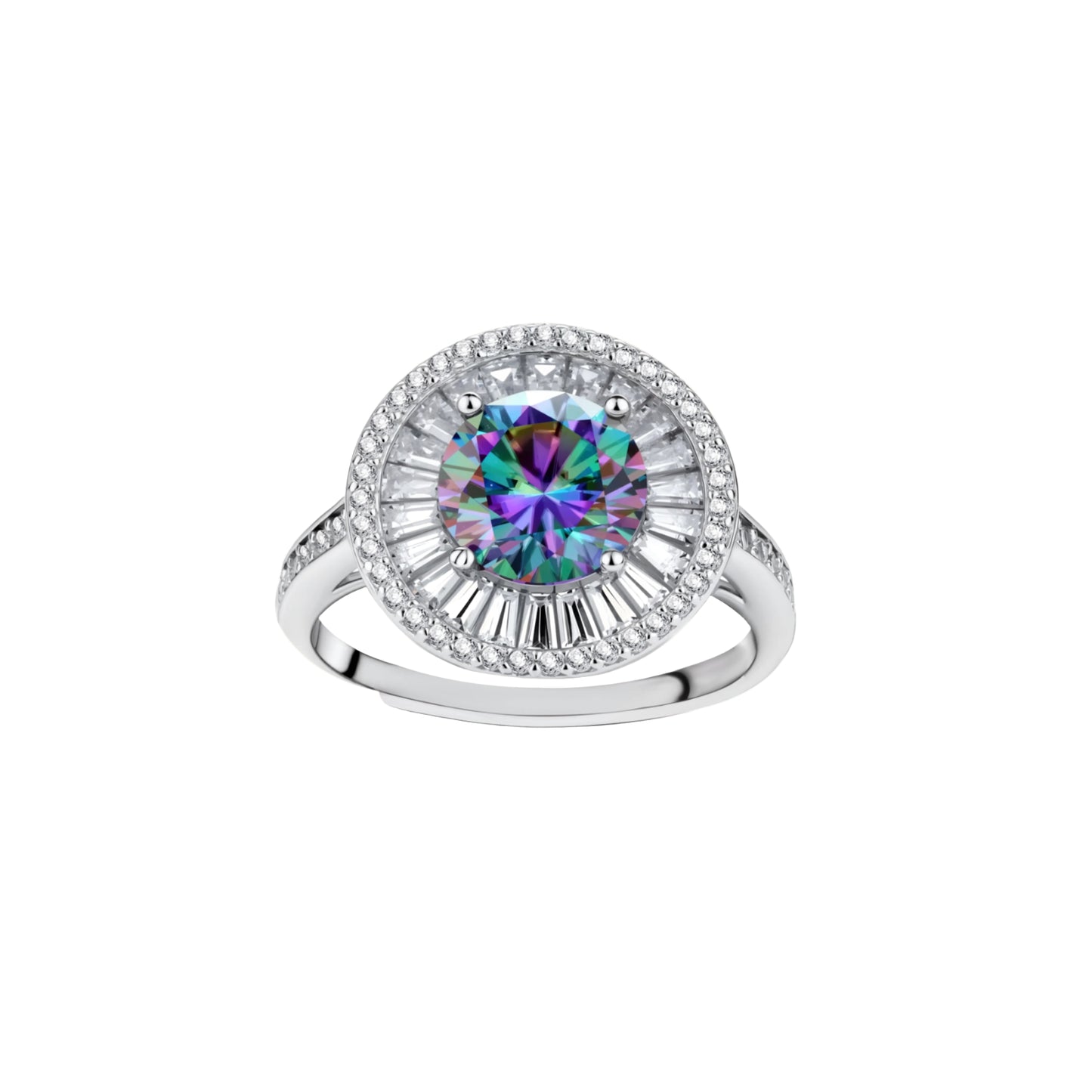 Close-up of sterling silver halo ring with round rainbow moissanite center stone surrounded by baguette-cut stones