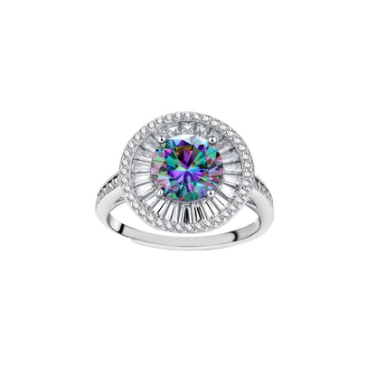 Close-up of sterling silver halo ring with round rainbow moissanite center stone surrounded by baguette-cut stones