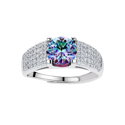 Sterling silver adjustable ring with brilliant round moissanite center stone and pavé diamond band showing rainbow fire