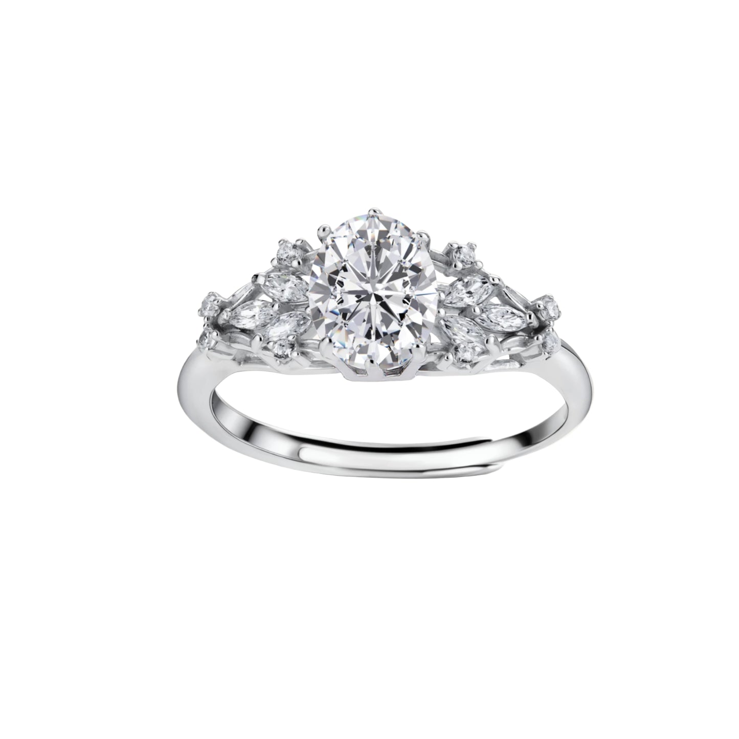 Sterling silver ring with oval moissanite center stone surrounded by smaller accent stones in ornate setting