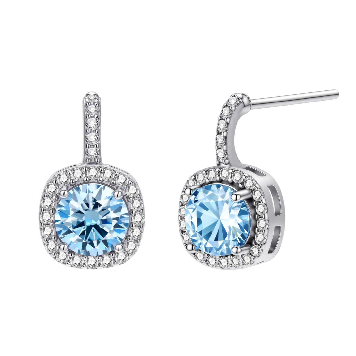 Sterling silver drop earrings featuring cushion-cut blue moissanite stones surrounded by sparkling halo settings