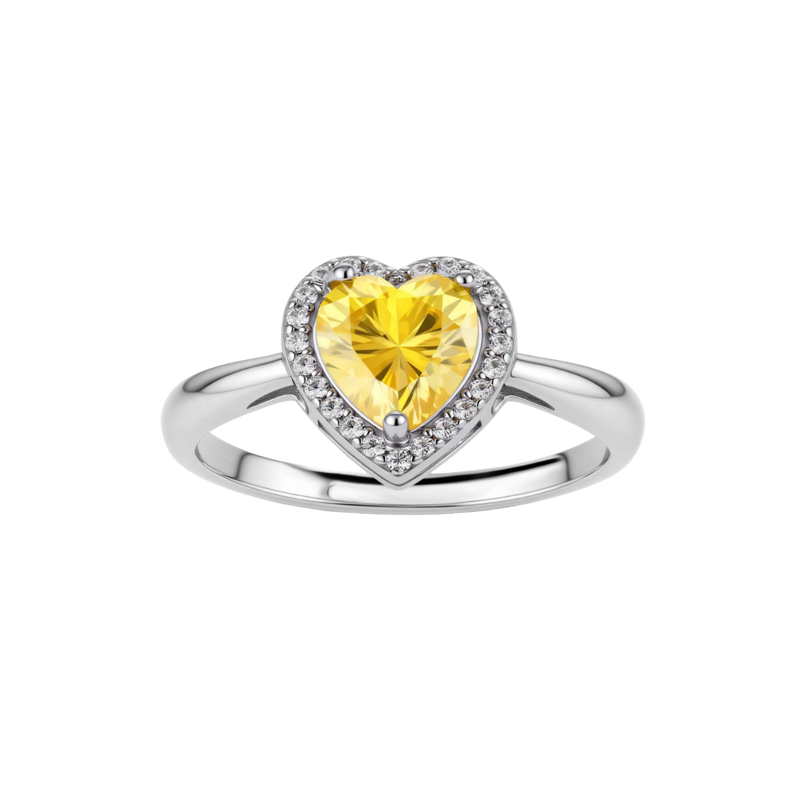 Heart-shaped yellow moissanite ring with diamond halo in sterling silver setting on neutral background