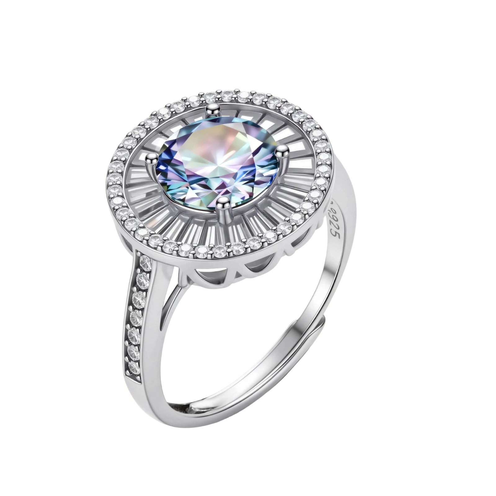Close-up of sterling silver halo ring with round rainbow moissanite center stone surrounded by baguette-cut stones