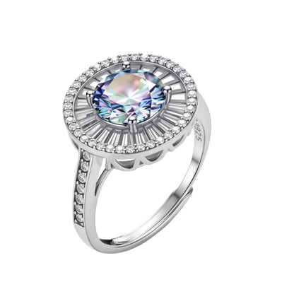 Close-up of sterling silver halo ring with round rainbow moissanite center stone surrounded by baguette-cut stones