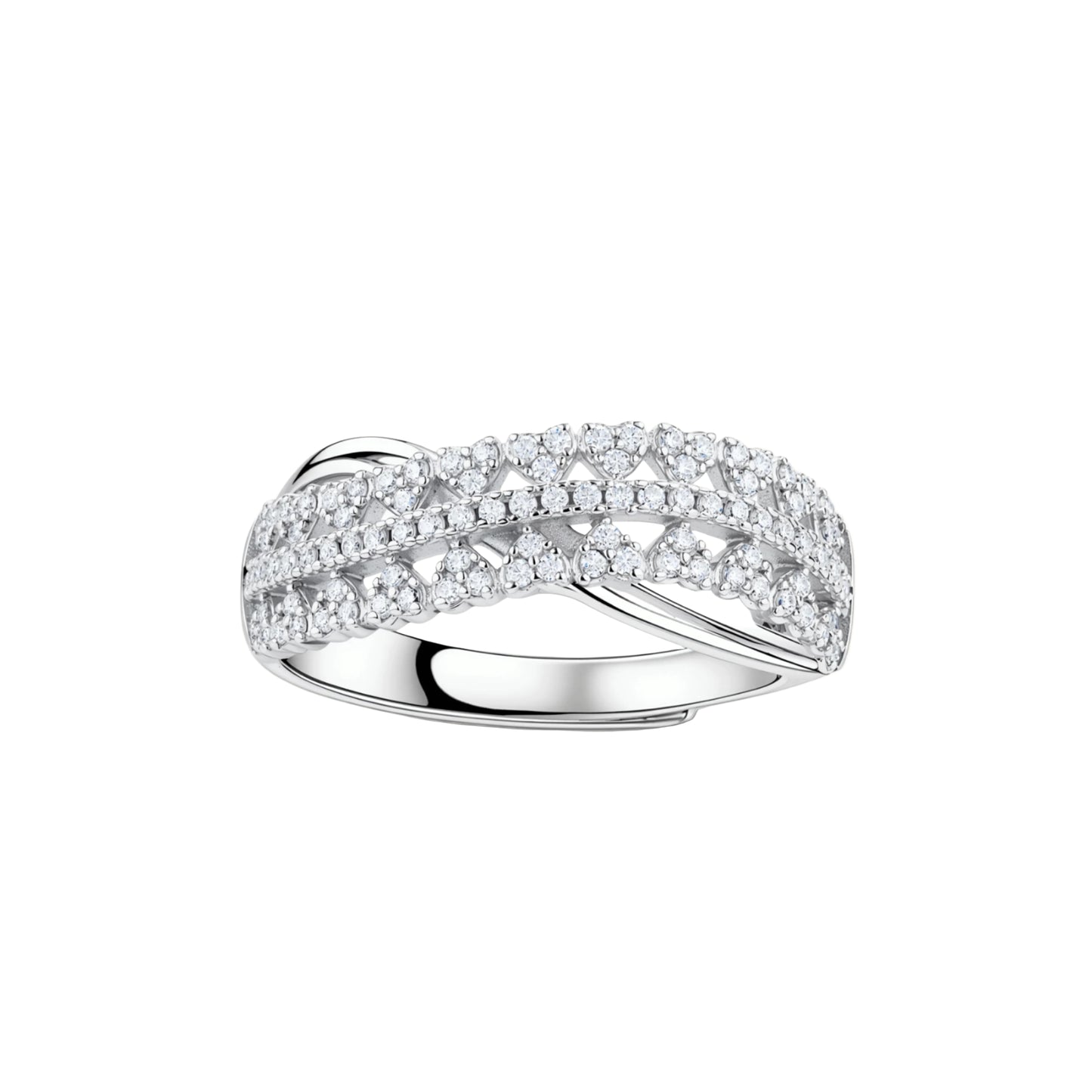 Sterling silver crossover ring with pavé-set moissanite stones creating an elegant infinity design on neutral background