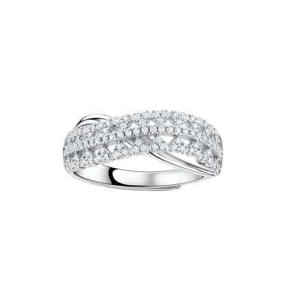 Sterling silver crossover ring with pavé-set moissanite stones creating an elegant infinity design on neutral background