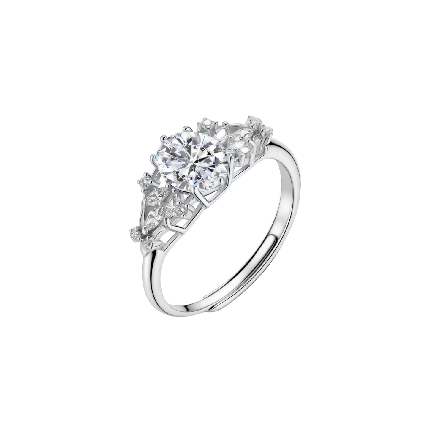 Sterling silver ring with oval moissanite center stone surrounded by smaller accent stones in ornate setting
