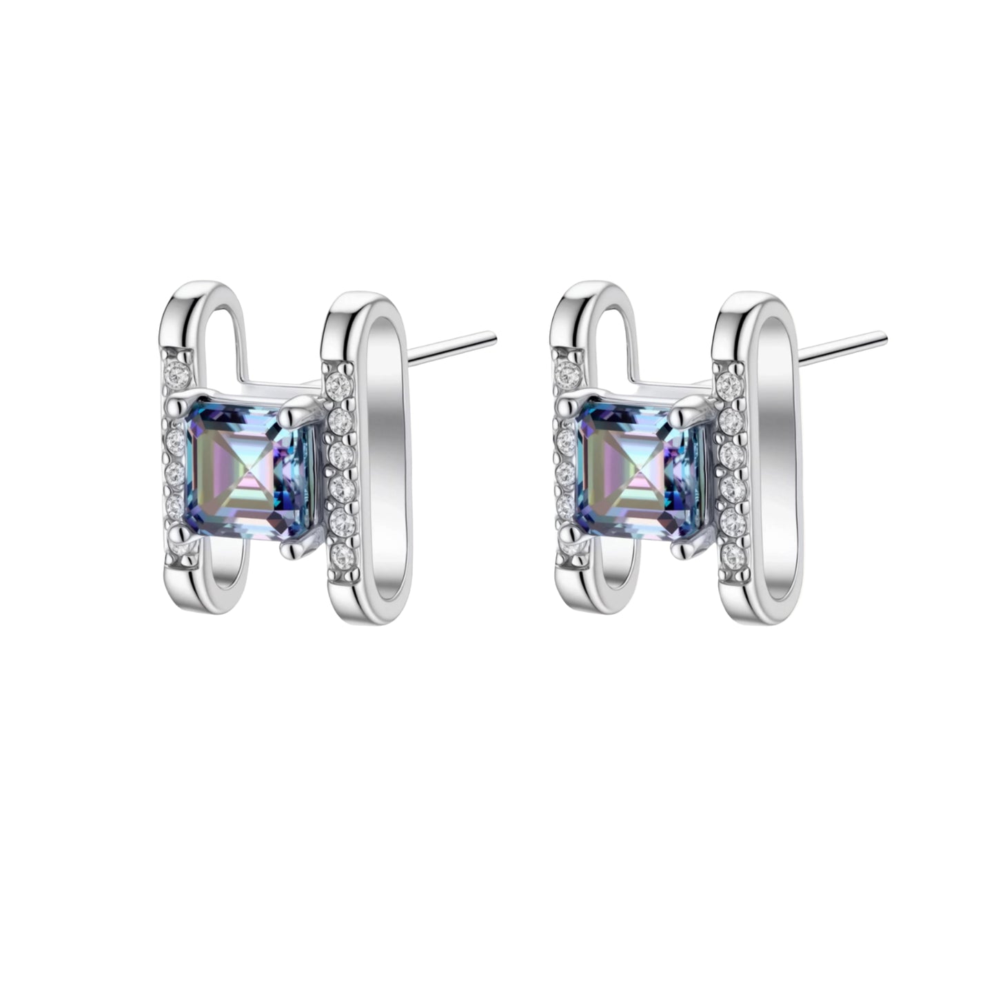 Square moissanite studs in sterling silver geometric setting showing rainbow prismatic fire on white background.