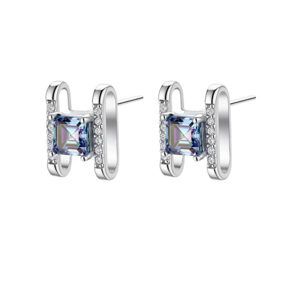 Square moissanite studs in sterling silver geometric setting showing rainbow prismatic fire on white background.