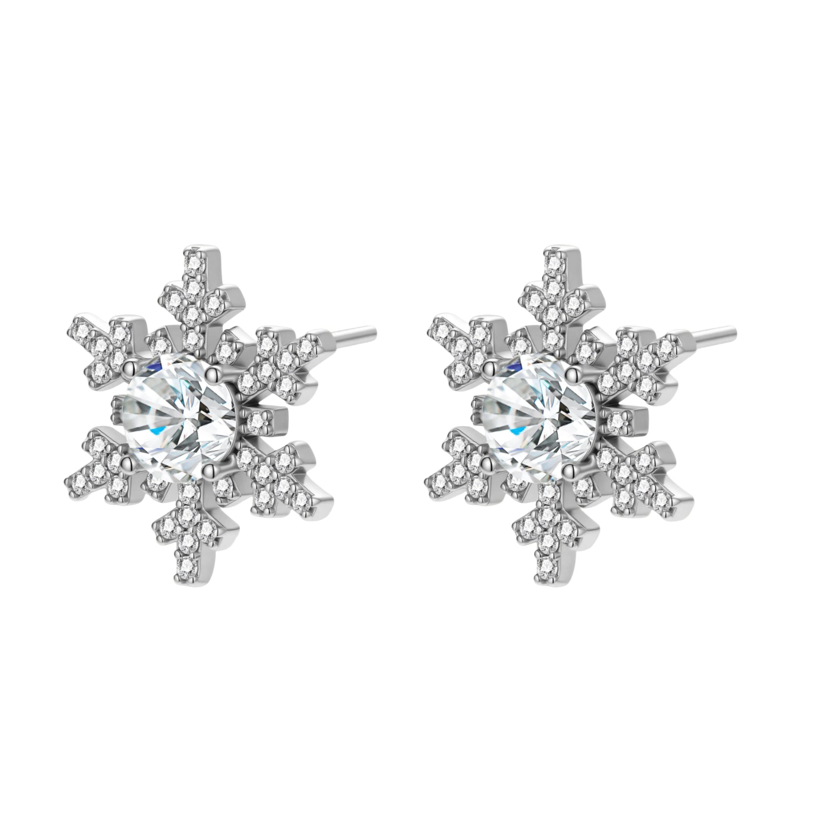 Sterling silver snowflake stud earrings with brilliant moissanite centers and intricate geometric patterns on cream background
