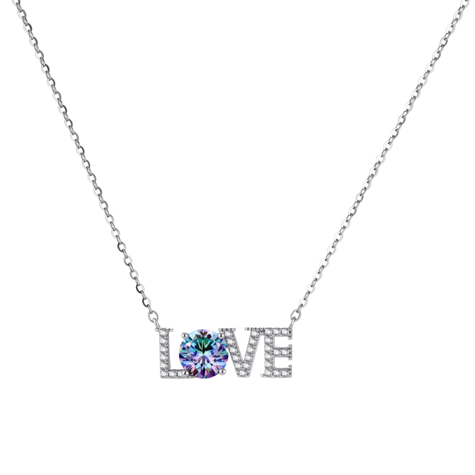 Sterling silver LOVE necklace with brilliant moissanite center stone and pavé details on neutral background.