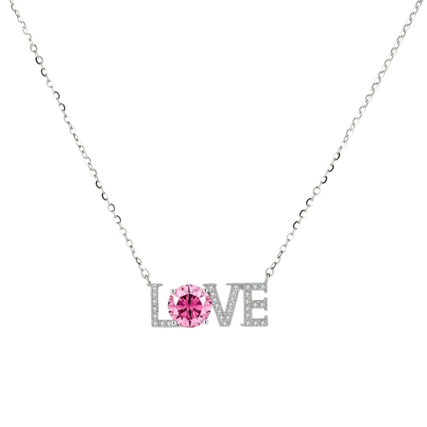 Sterling silver LOVE necklace with pink moissanite stone replacing the O, featuring crystal-set letters on delicate chain.