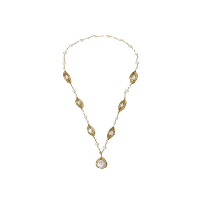 14K gold plated necklace with organic leaf motifs and freshwater pearls arranged in an elegant chain design on neutral background.