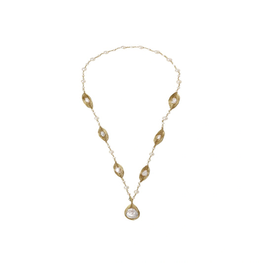 14K gold plated necklace with organic leaf motifs and freshwater pearls arranged in an elegant chain design on neutral background.