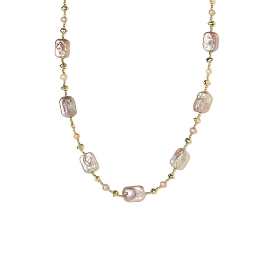 Iridescent baroque pearls alternating with small freshwater pearls on 14K gold-plated chain