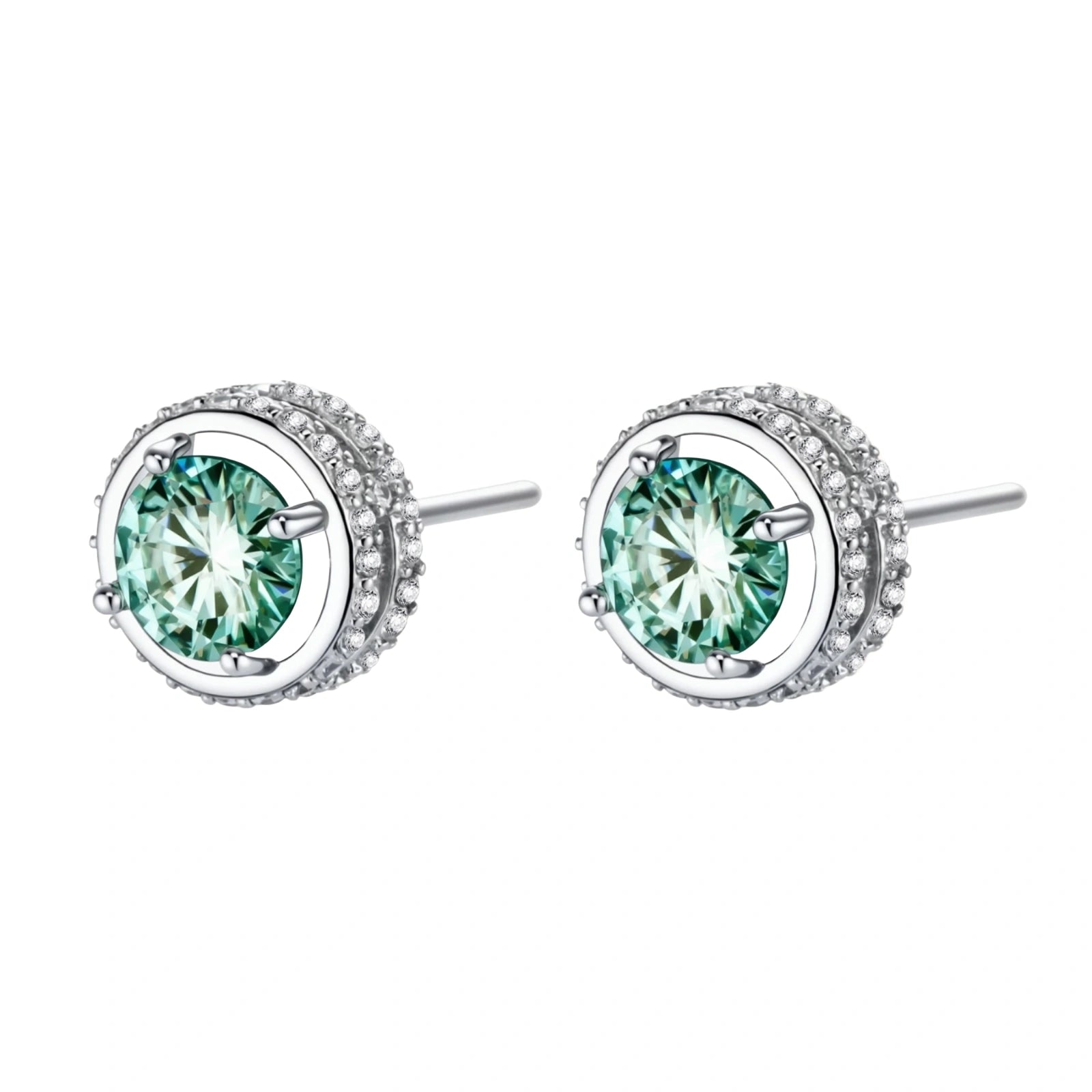 Round green moissanite stud earrings in sterling silver halo settings with brilliant sparkle on white background.