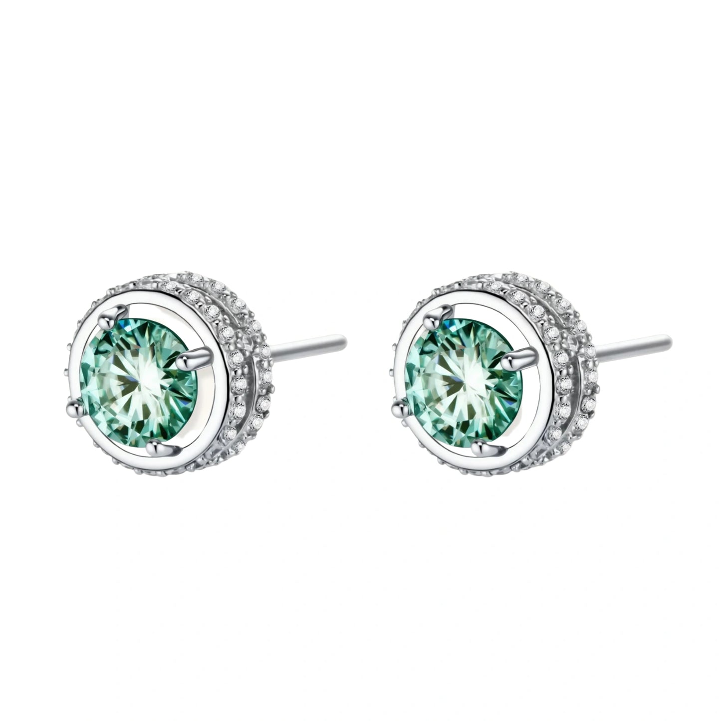 Round green moissanite stud earrings in sterling silver halo settings with brilliant sparkle on white background.