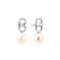Modern rhodium-plated silver earrings with geometric double-circle design and freshwater pearl drops