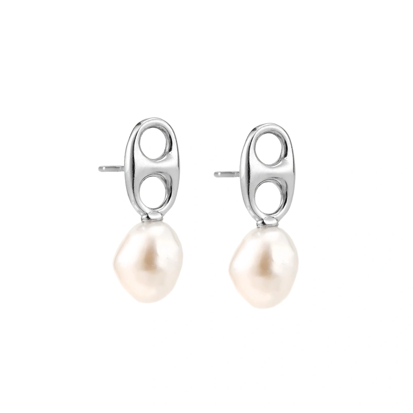 Modern rhodium-plated silver earrings with geometric double-circle design and freshwater pearl drops