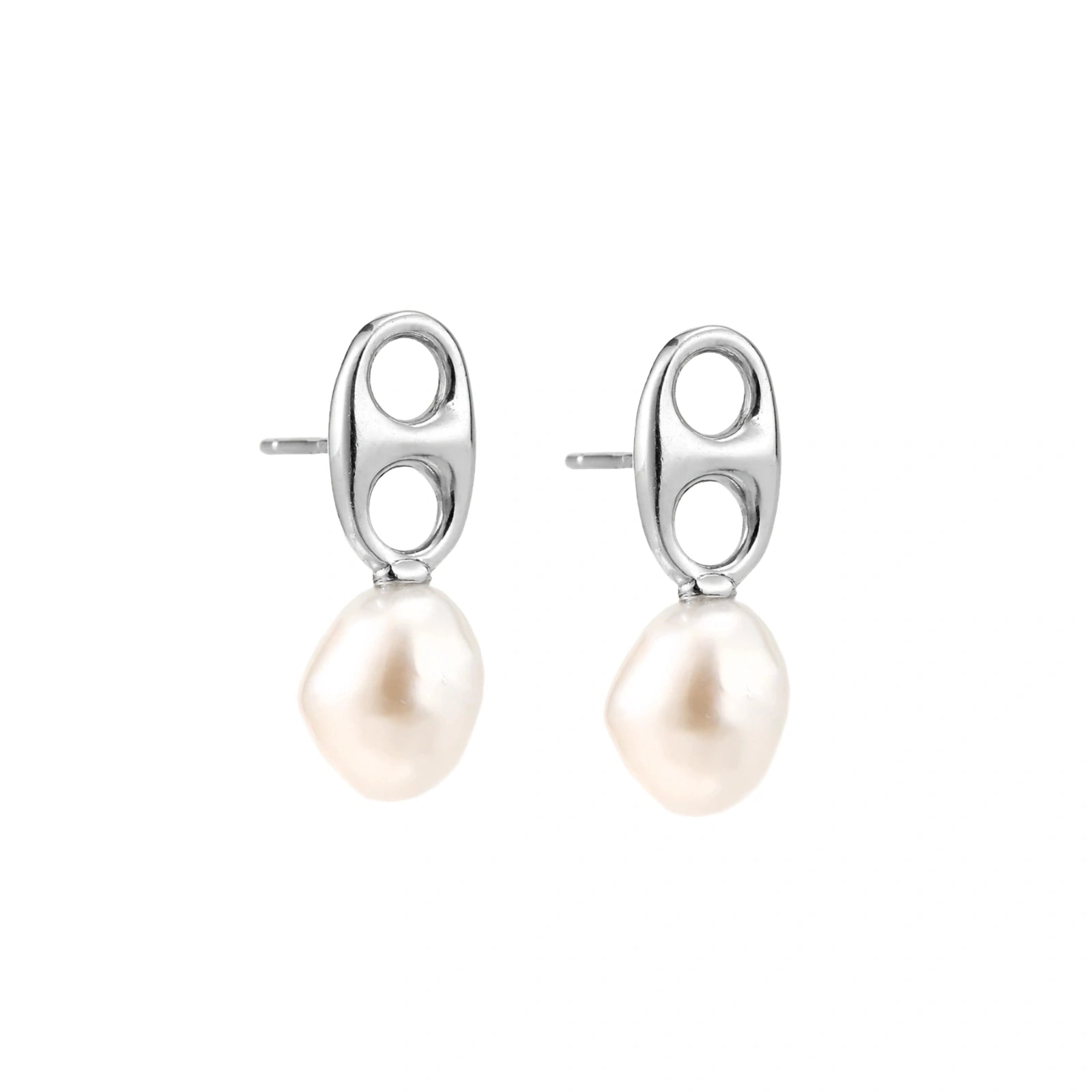 Modern rhodium-plated silver earrings with geometric double-circle design and freshwater pearl drops