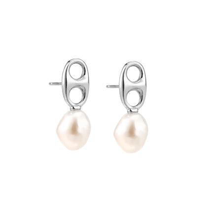 Modern rhodium-plated silver earrings with geometric double-circle design and freshwater pearl drops