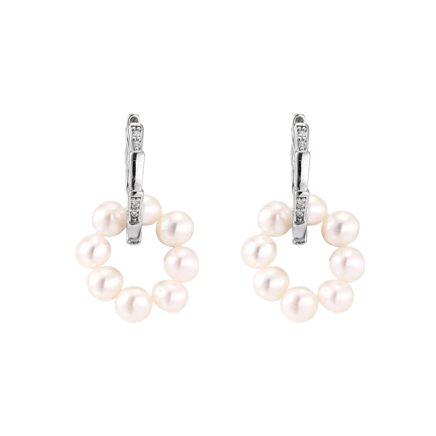 Rhodium-plated silver hoop earrings with freshwater pearls arranged in crescent formation and diamond accents