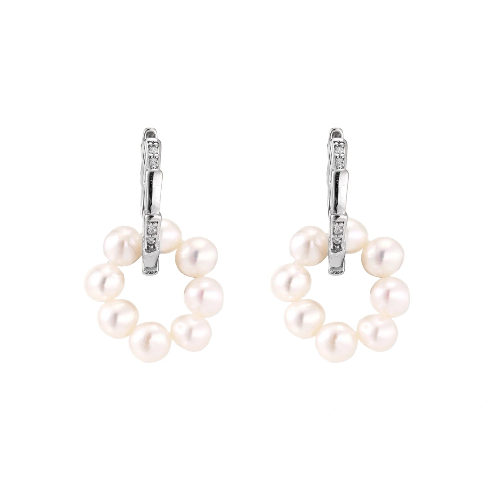 Rhodium-plated silver hoop earrings with freshwater pearls arranged in crescent formation and diamond accents
