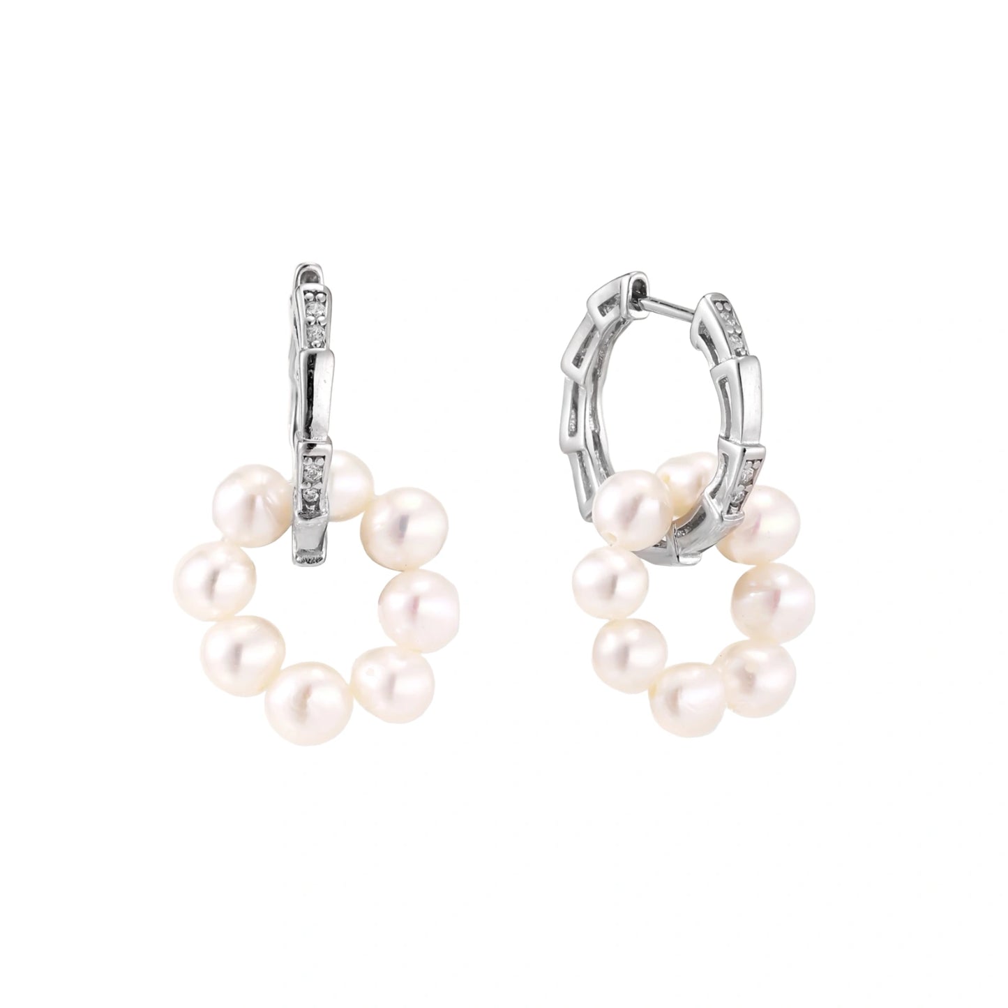 Rhodium-plated silver hoop earrings with freshwater pearls arranged in crescent formation and diamond accents