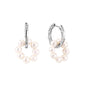 Rhodium-plated silver hoop earrings with freshwater pearls arranged in crescent formation and diamond accents