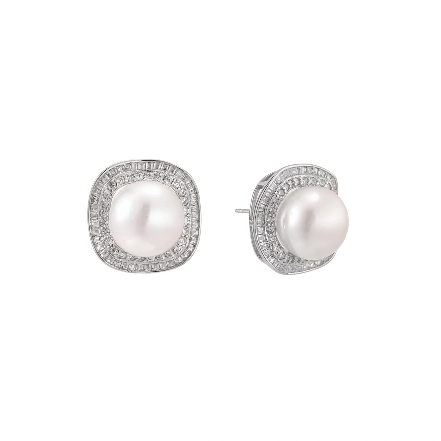 Rhodium-plated sterling silver stud earrings with round freshwater pearls surrounded by geometric crystal halos on cream background.