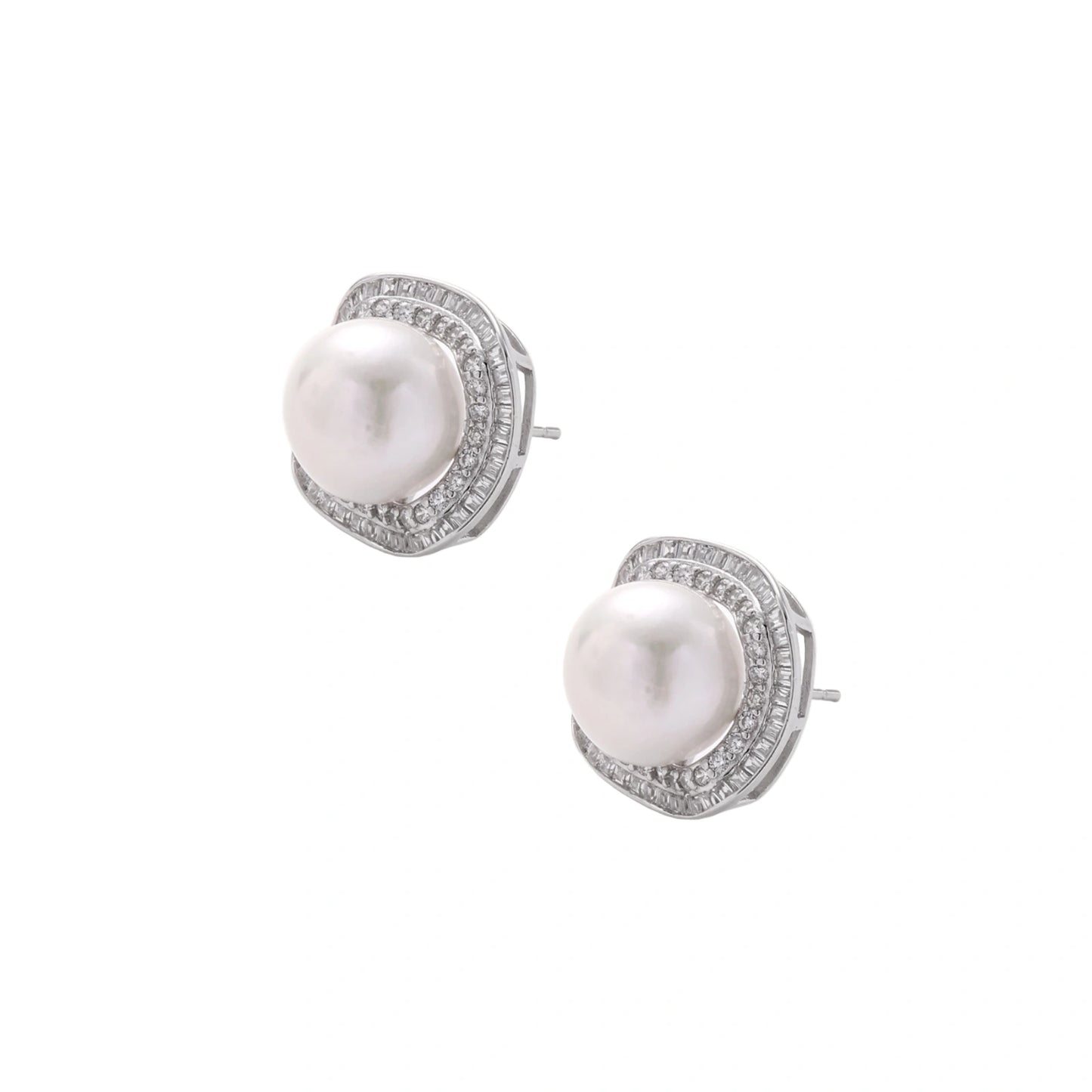Rhodium-plated sterling silver stud earrings with round freshwater pearls surrounded by geometric crystal halos on cream background.
