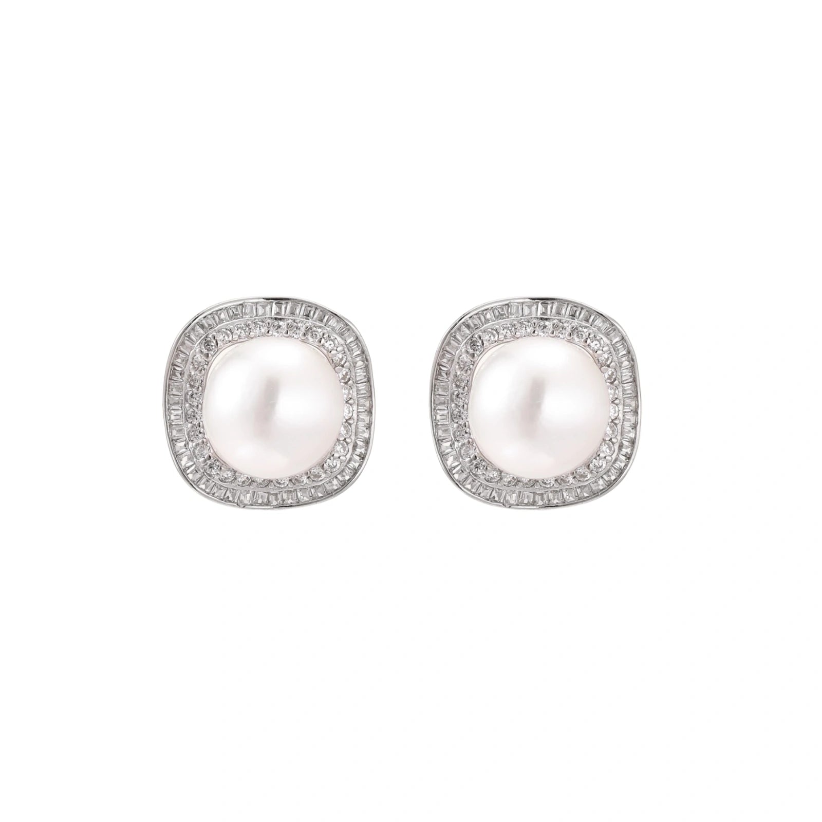 Rhodium-plated sterling silver stud earrings with round freshwater pearls surrounded by geometric crystal halos on cream background.