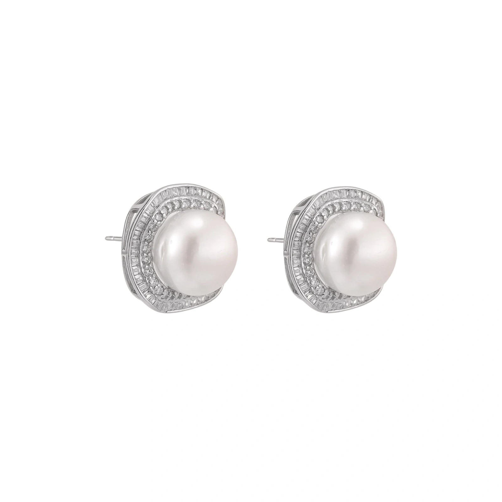 Rhodium-plated sterling silver stud earrings with round freshwater pearls surrounded by geometric crystal halos on cream background.