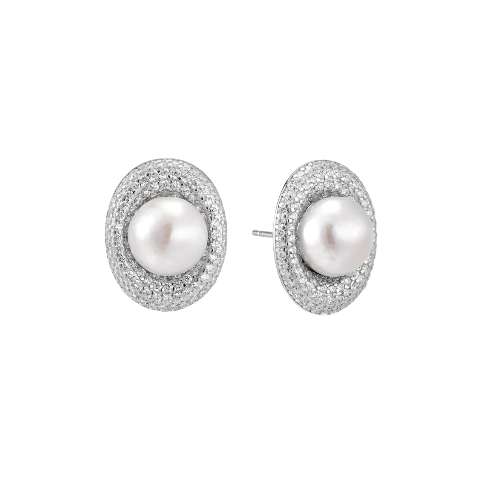 Elegant stud earrings with cream freshwater pearls surrounded by sparkly pavé crystals on rhodium-plated silver setting