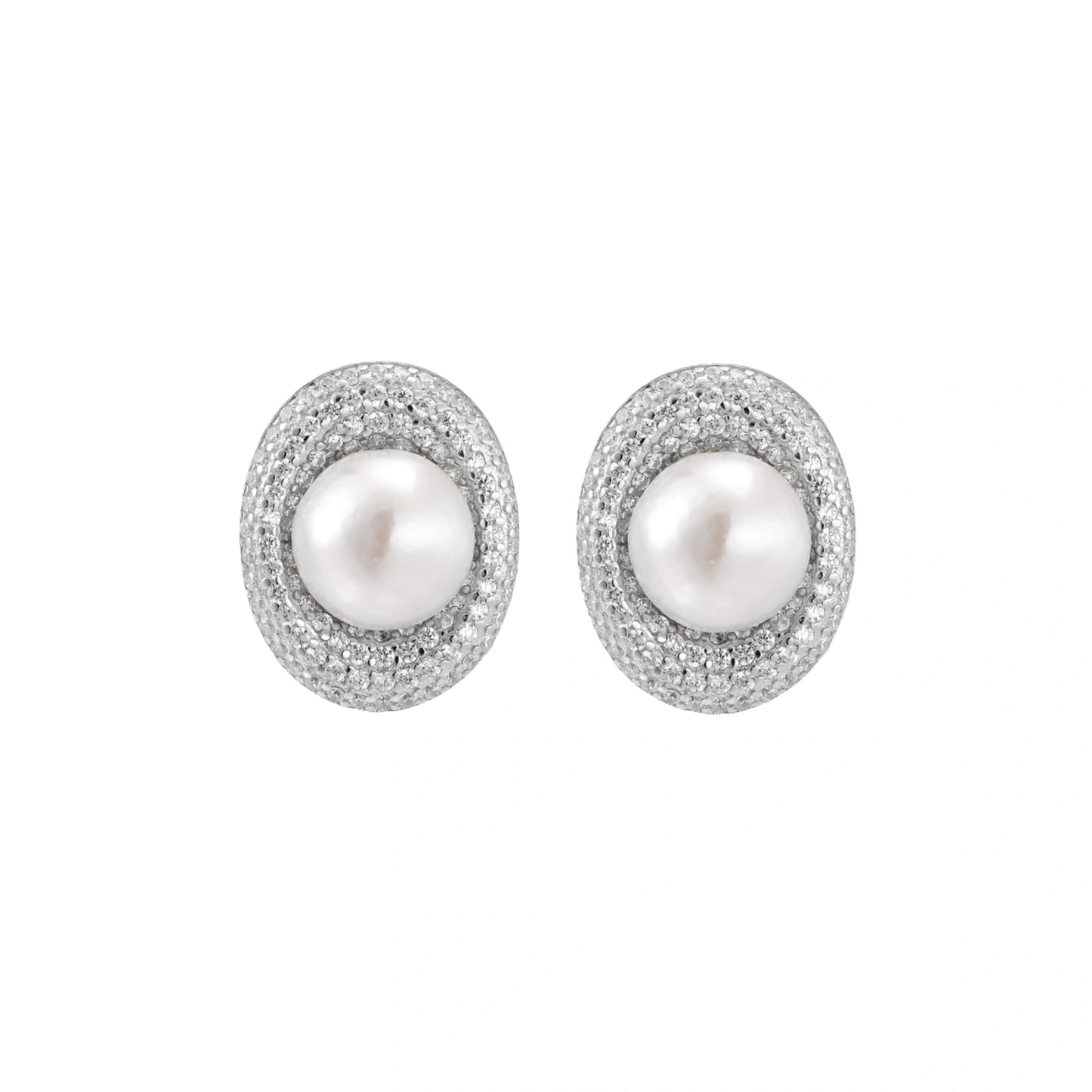 Elegant stud earrings with cream freshwater pearls surrounded by sparkly pavé crystals on rhodium-plated silver setting