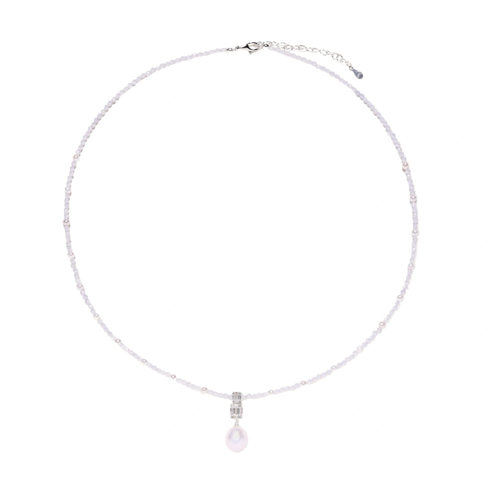 Dainty necklace with lavender crystal beads, freshwater pearls, geometric pendant, and large pearl drop on white background.