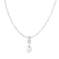 Dainty necklace with lavender crystal beads, freshwater pearls, geometric pendant, and large pearl drop on white background.