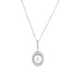 Oval sterling silver pendant with crystal halo surrounding a white freshwater pearl on delicate chain